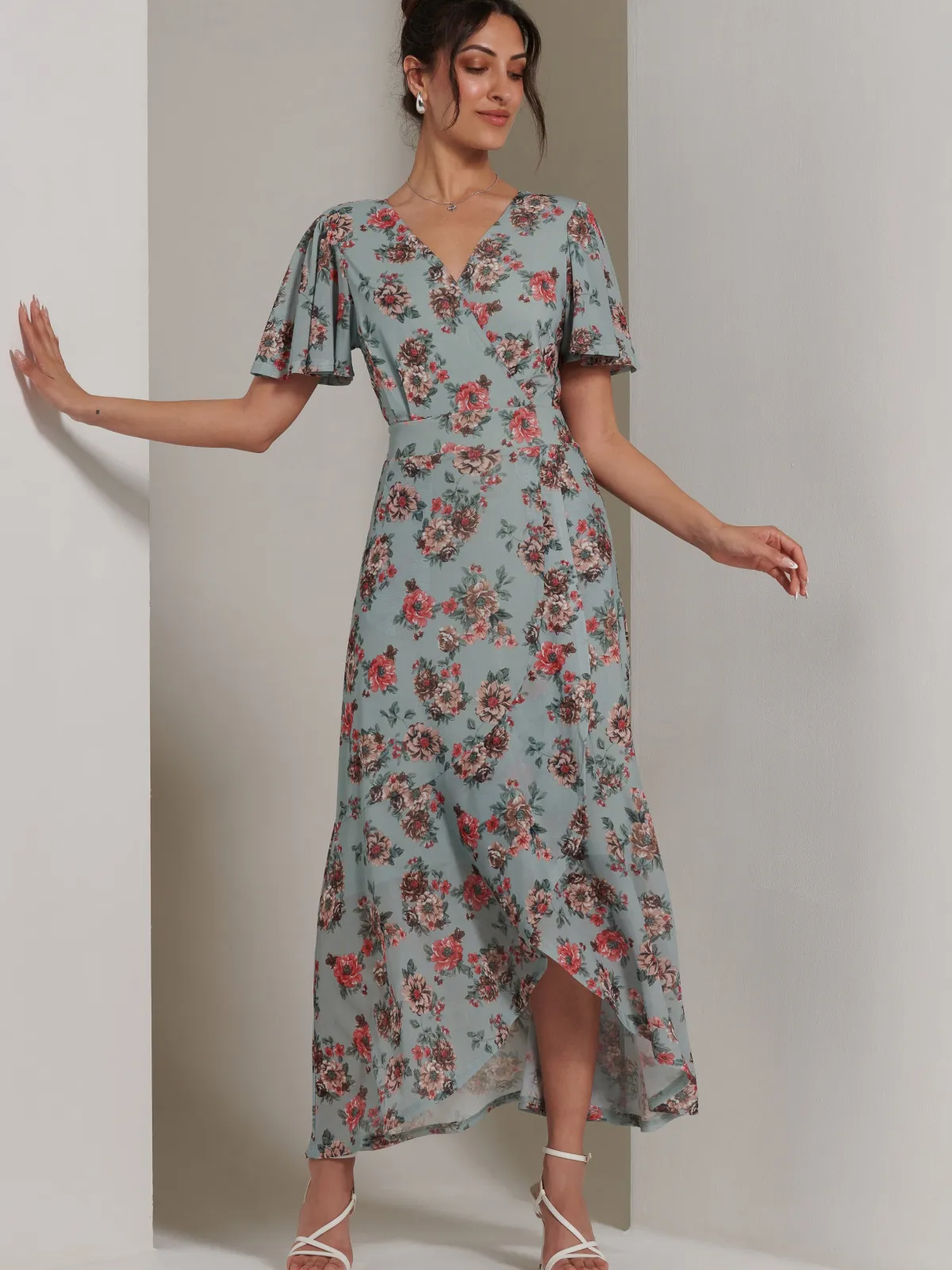 Jolie Moi Occasion Dresses|Floral Dresses-Printed Mesh Frill Dip Hem Dress, Green Floral