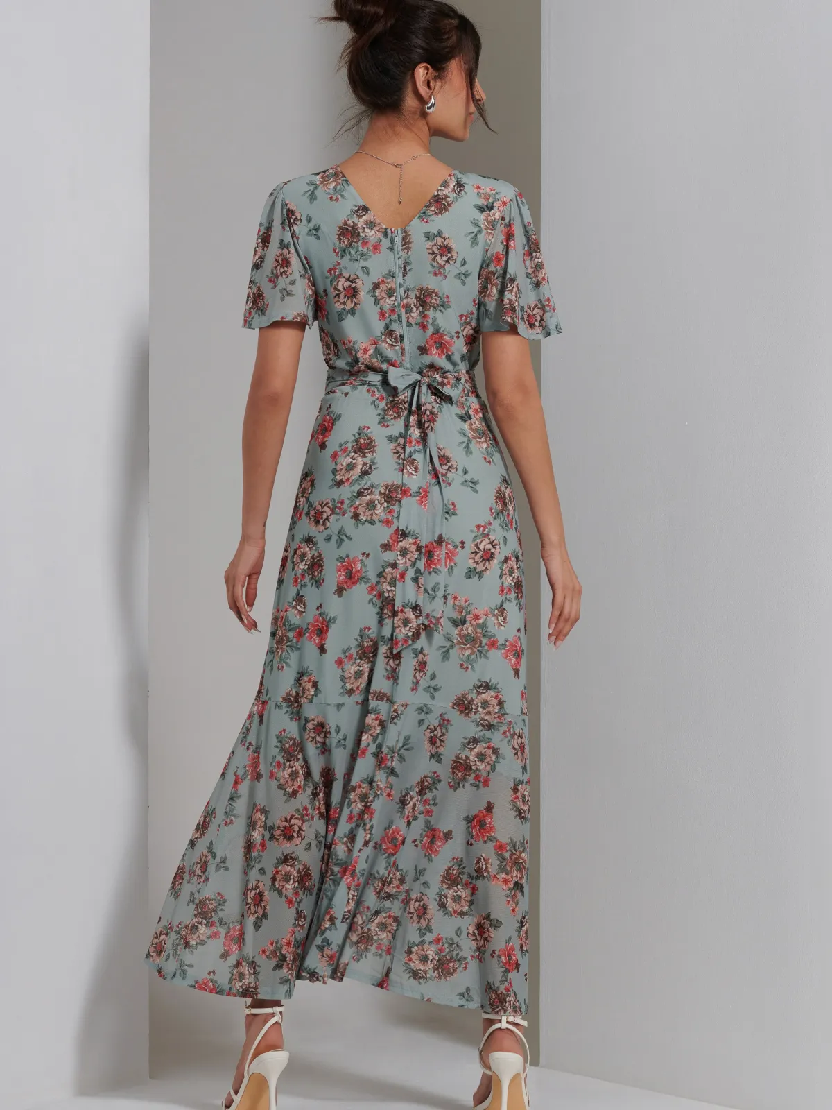 Jolie Moi Occasion Dresses|Floral Dresses-Printed Mesh Frill Dip Hem Dress, Green Floral