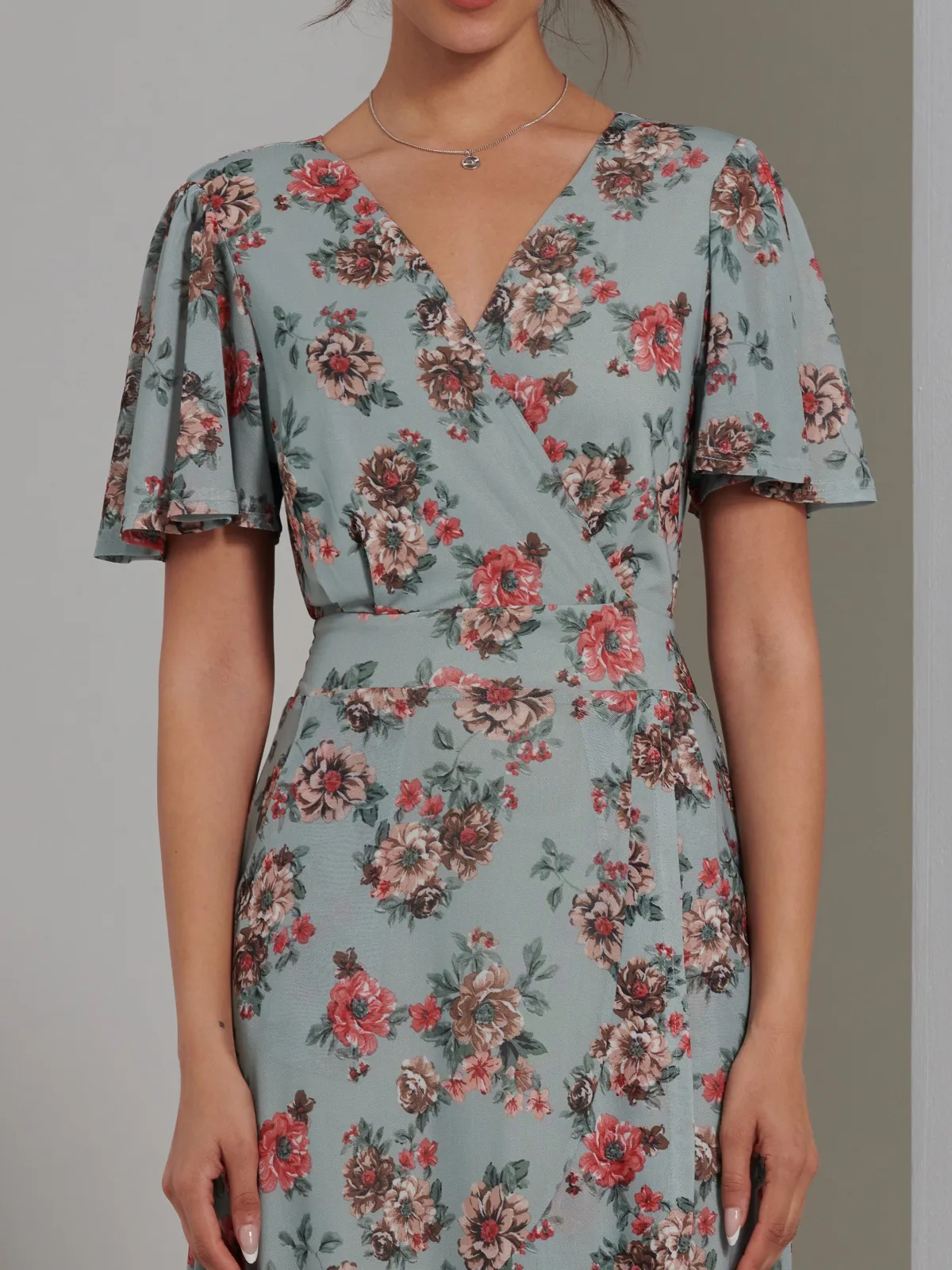 Jolie Moi Occasion Dresses|Floral Dresses-Printed Mesh Frill Dip Hem Dress, Green Floral