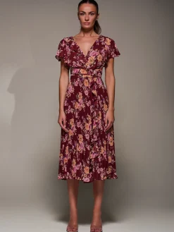 Jolie Moi Occasion Dresses|Floral Dresses-Printed Ruffle Detail Pleated Chiffon Midi, Burgundy Floral