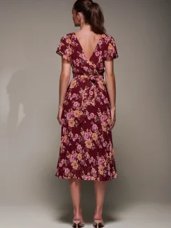 Jolie Moi Occasion Dresses|Floral Dresses-Printed Ruffle Detail Pleated Chiffon Midi, Burgundy Floral