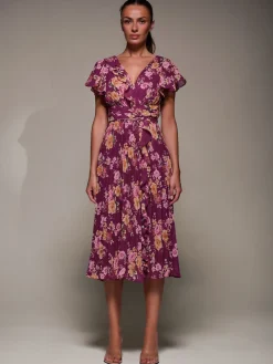 Jolie Moi Occasion Dresses|Floral Dresses-Printed Ruffle Detail Pleated Chiffon Midi, Fuchsia Floral