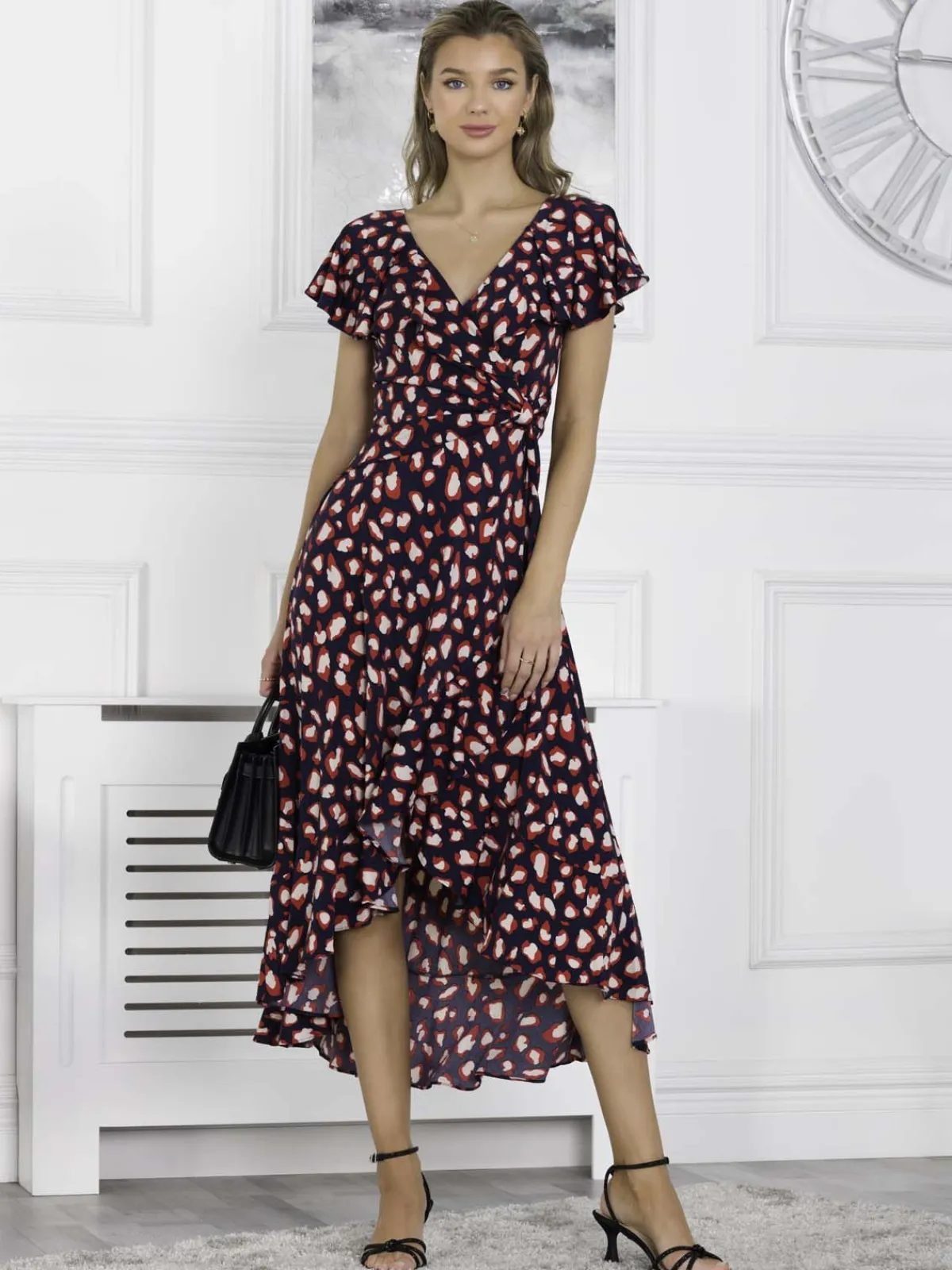 Jolie Moi Occasion Dresses|Jersey Dresses-Printed Ruffle Dip Hem Maxi Dress, Navy Animal