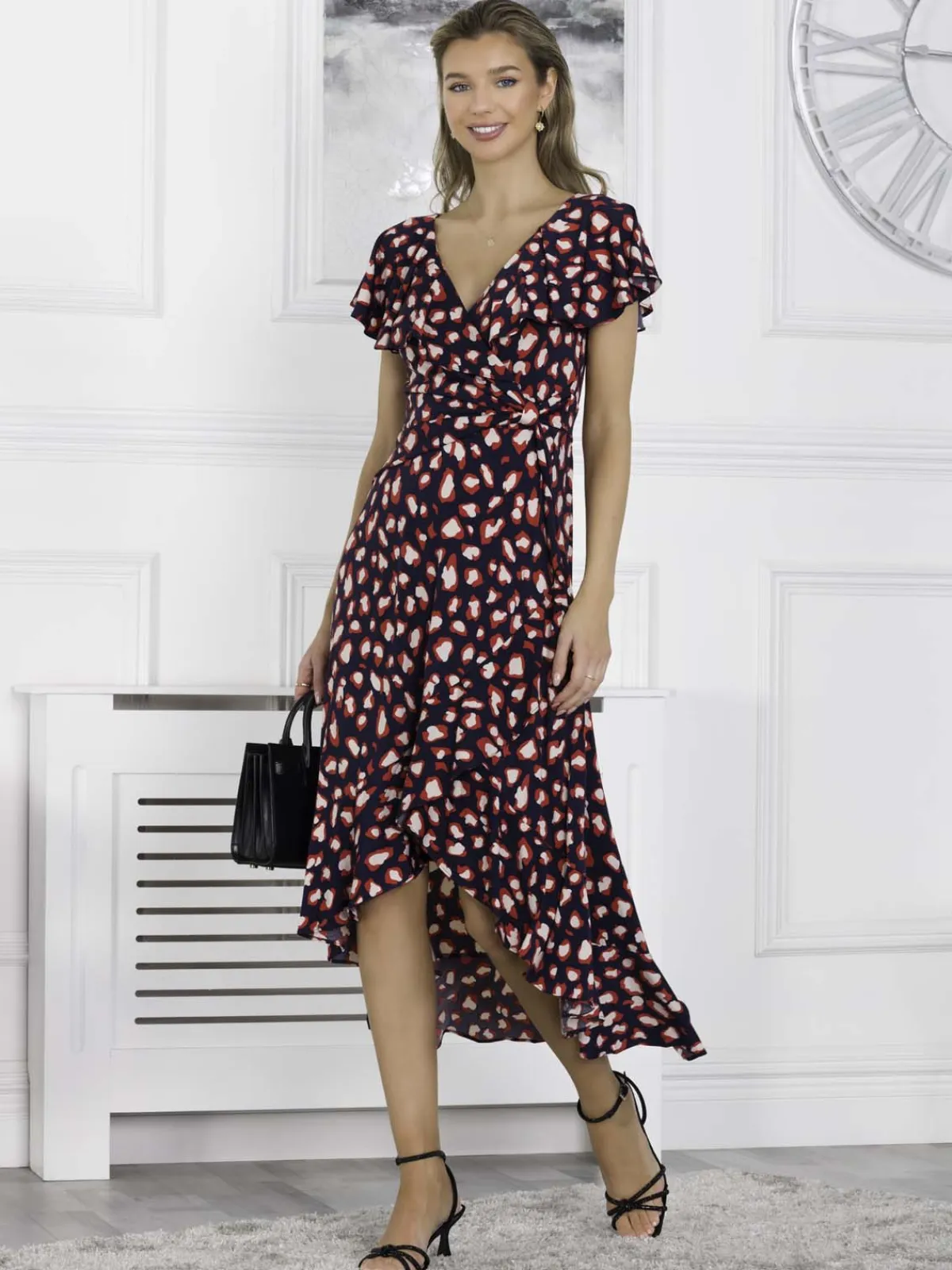 Jolie Moi Occasion Dresses|Jersey Dresses-Printed Ruffle Dip Hem Maxi Dress, Navy Animal