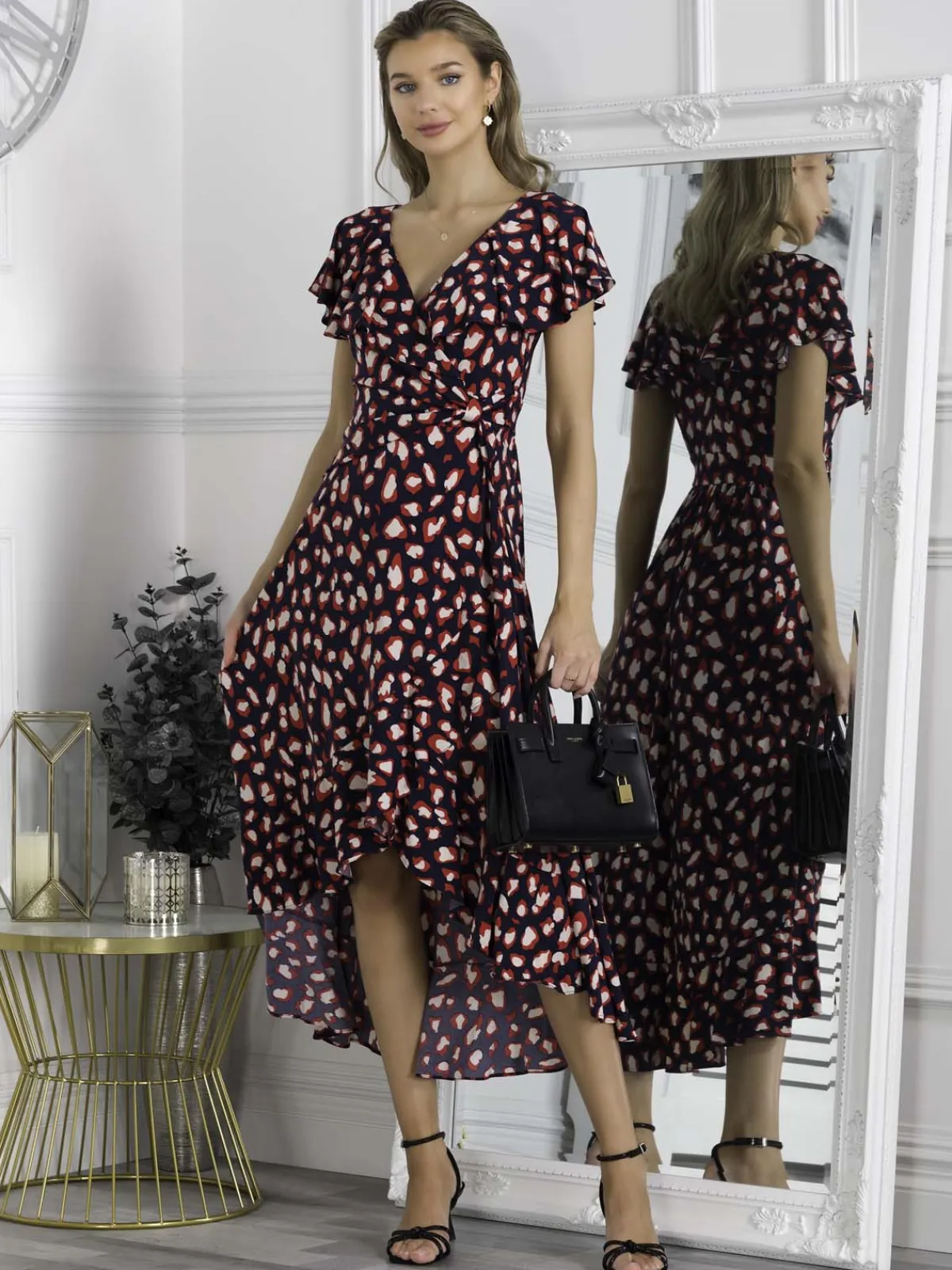 Jolie Moi Occasion Dresses|Jersey Dresses-Printed Ruffle Dip Hem Maxi Dress, Navy Animal