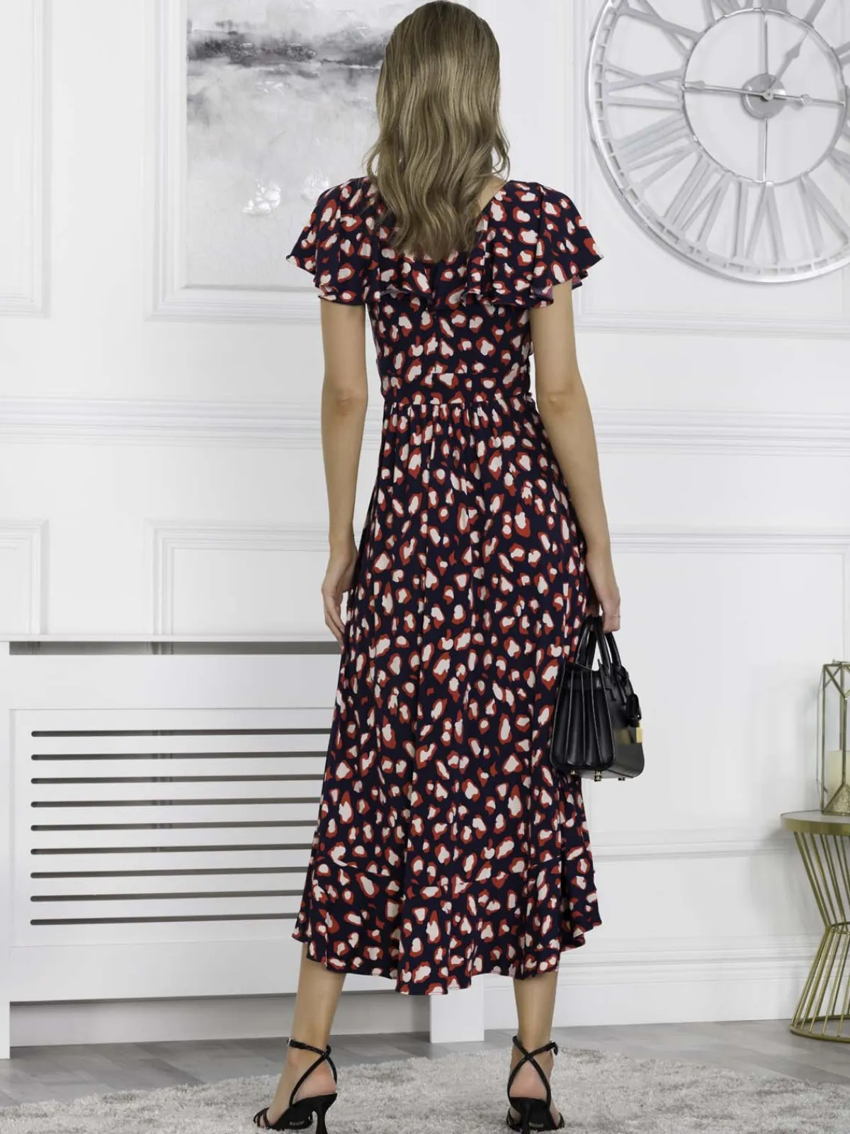 Jolie Moi Occasion Dresses|Jersey Dresses-Printed Ruffle Dip Hem Maxi Dress, Navy Animal