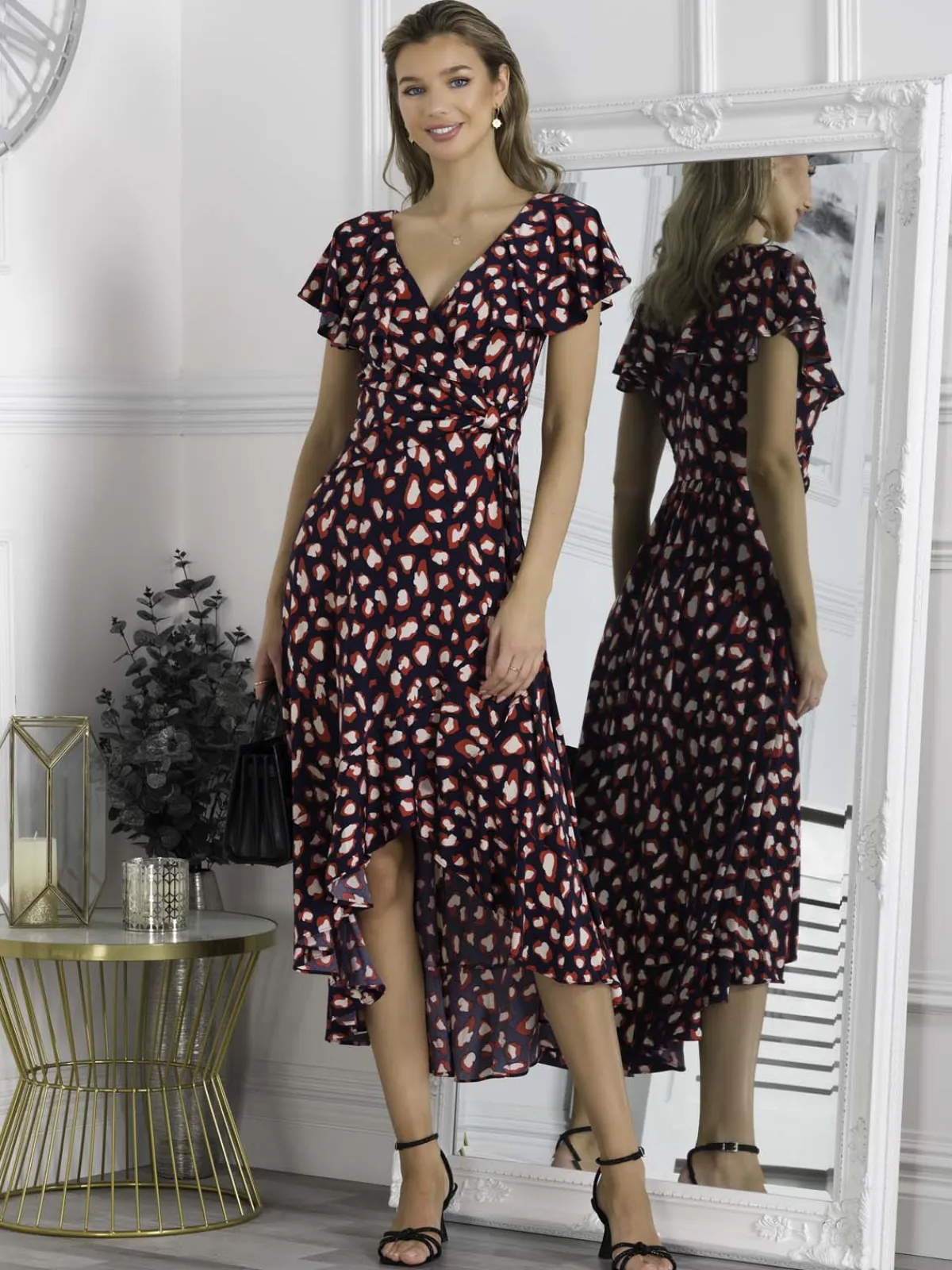Jolie Moi Occasion Dresses|Jersey Dresses-Printed Ruffle Dip Hem Maxi Dress, Navy Animal