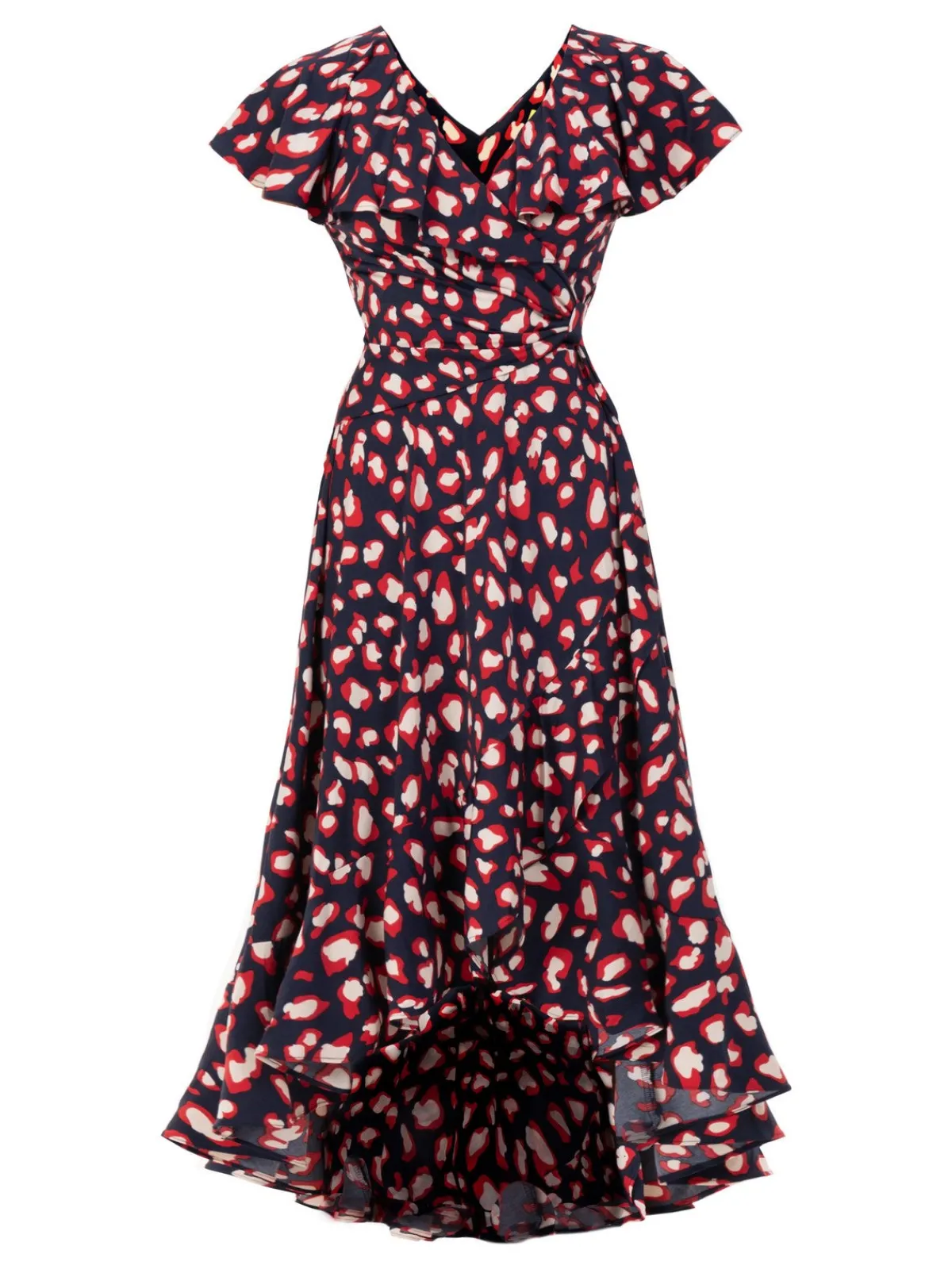 Jolie Moi Occasion Dresses|Jersey Dresses-Printed Ruffle Dip Hem Maxi Dress, Navy Animal