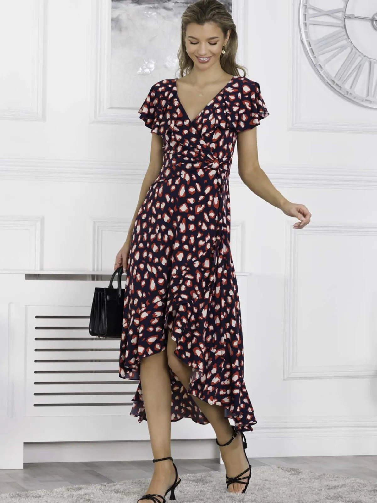 Jolie Moi Occasion Dresses|Jersey Dresses-Printed Ruffle Dip Hem Maxi Dress, Navy Animal