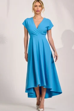 Jolie Moi Occasion Dresses|Party Dresses-Printed Scuba Dipped Hem Maxi Dress, Blue