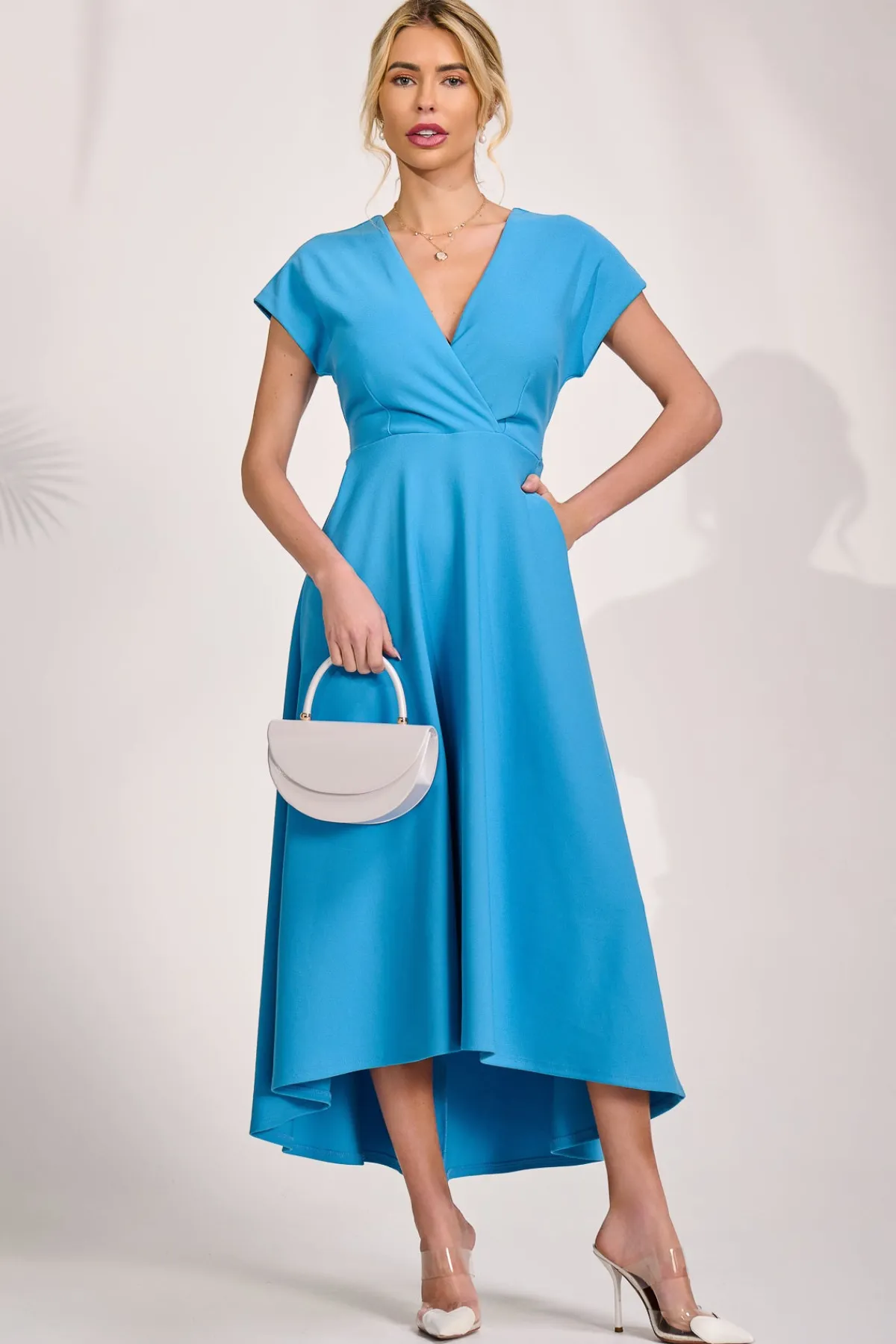 Jolie Moi Occasion Dresses|Party Dresses-Printed Scuba Dipped Hem Maxi Dress, Blue