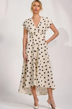 Jolie Moi Occasion Dresses|Maxi Dresses-Printed Scuba Dipped Hem Maxi Dress, Cream Spot