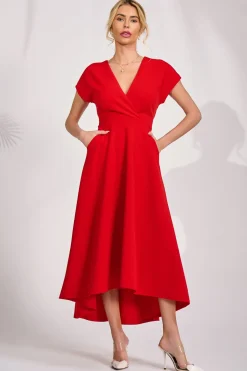 Jolie Moi Occasion Dresses|Party Dresses-Printed Scuba Dipped Hem Maxi Dress, Red