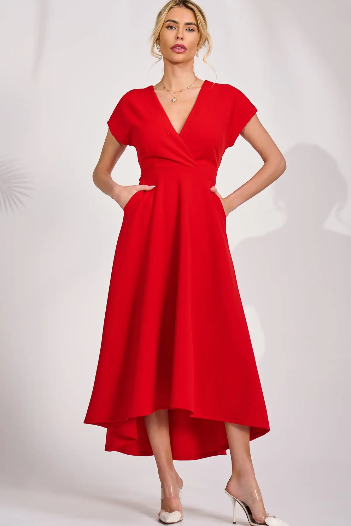 Jolie Moi Occasion Dresses|Party Dresses-Printed Scuba Dipped Hem Maxi Dress, Red
