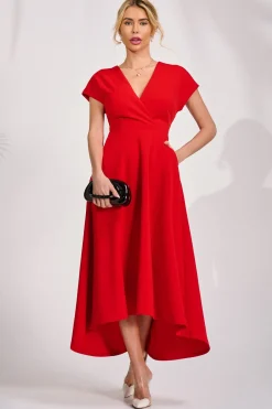 Jolie Moi Occasion Dresses|Party Dresses-Printed Scuba Dipped Hem Maxi Dress, Red