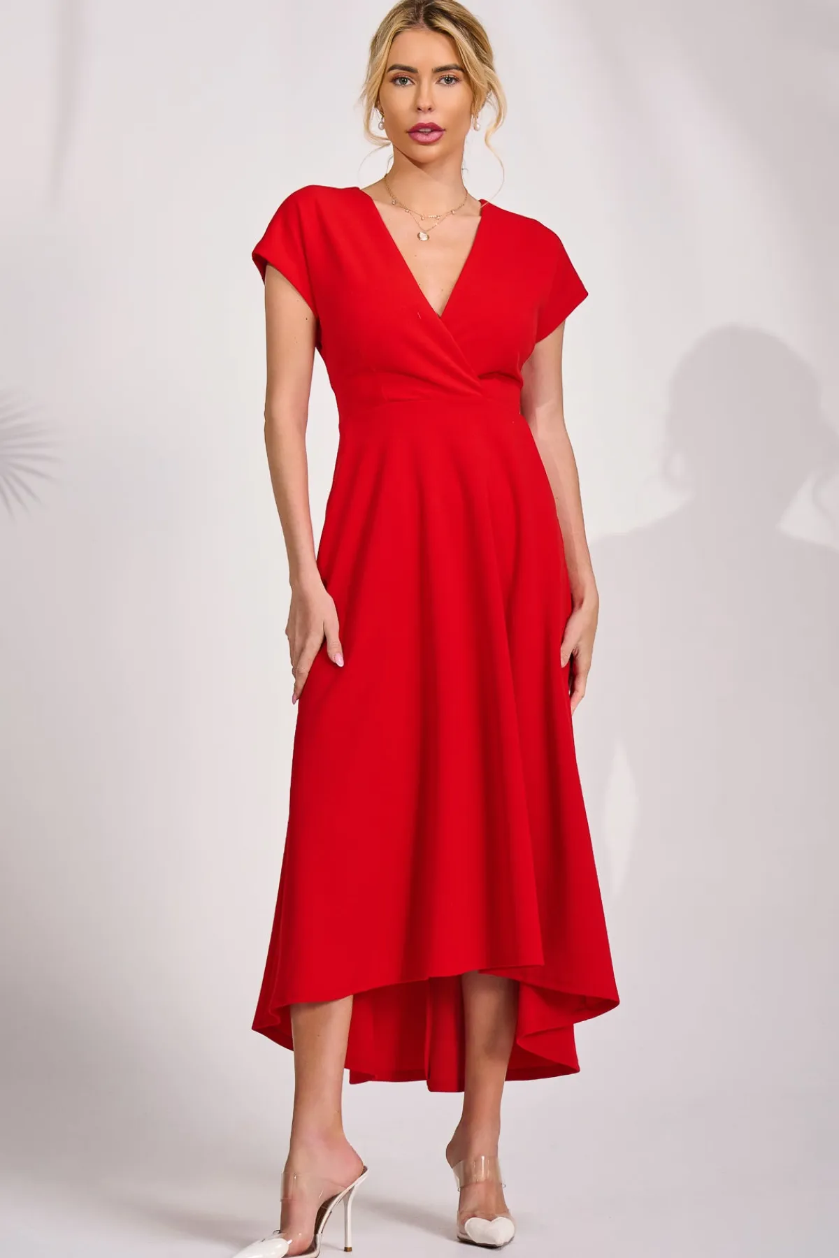 Jolie Moi Occasion Dresses|Party Dresses-Printed Scuba Dipped Hem Maxi Dress, Red