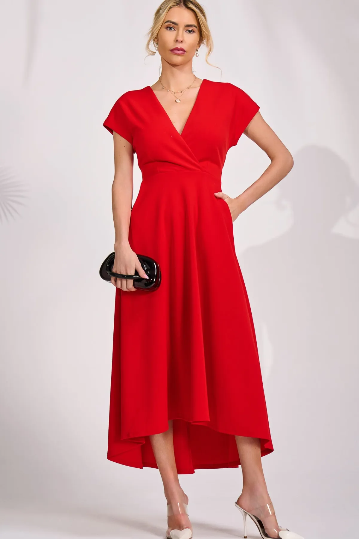 Jolie Moi Occasion Dresses|Party Dresses-Printed Scuba Dipped Hem Maxi Dress, Red