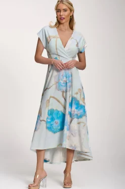 Jolie Moi Occasion Dresses|Floral Dresses-Printed Scuba Dipped Hem Midi Dress, Blue Floral