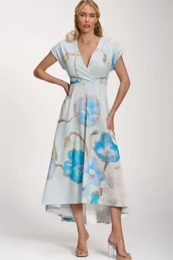 Jolie Moi Occasion Dresses|Floral Dresses-Printed Scuba Dipped Hem Midi Dress, Blue Floral
