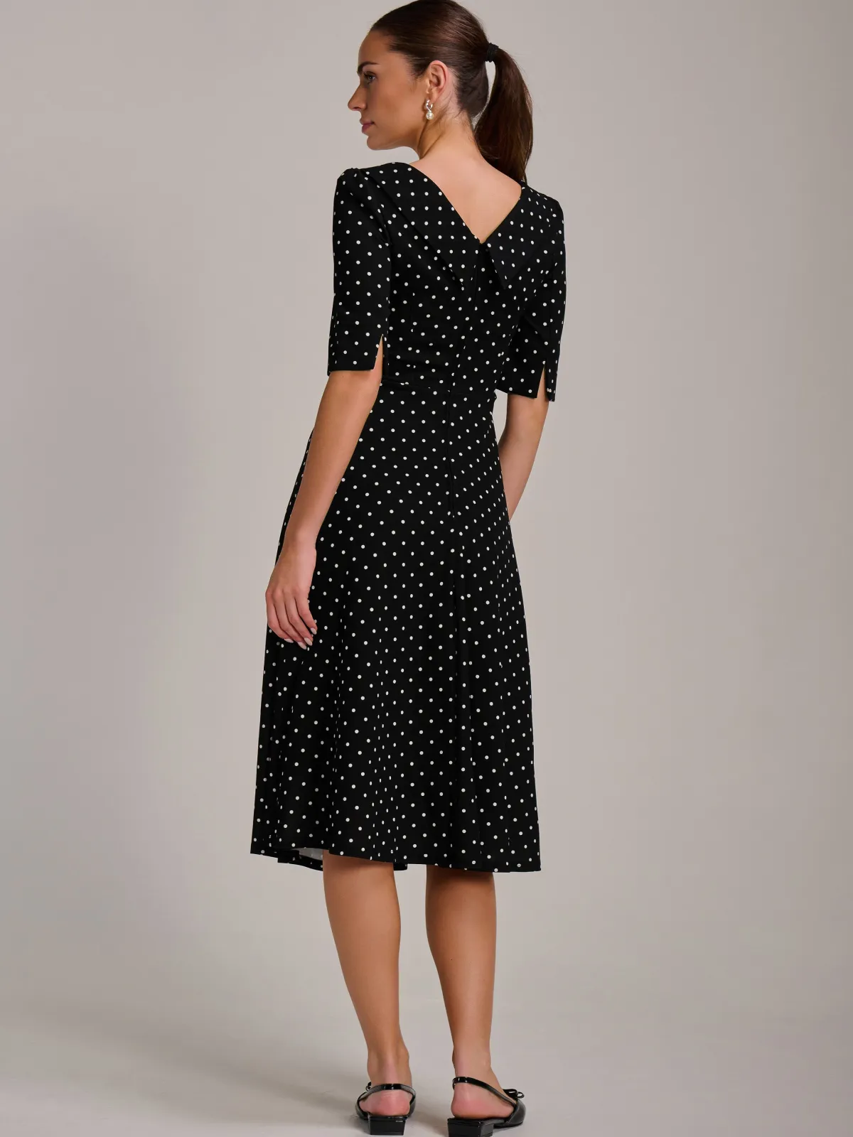 Jolie Moi Occasion Dresses|Party Dresses-Printed Scuba Fold Collar Midi Dress, Black Polka Dot