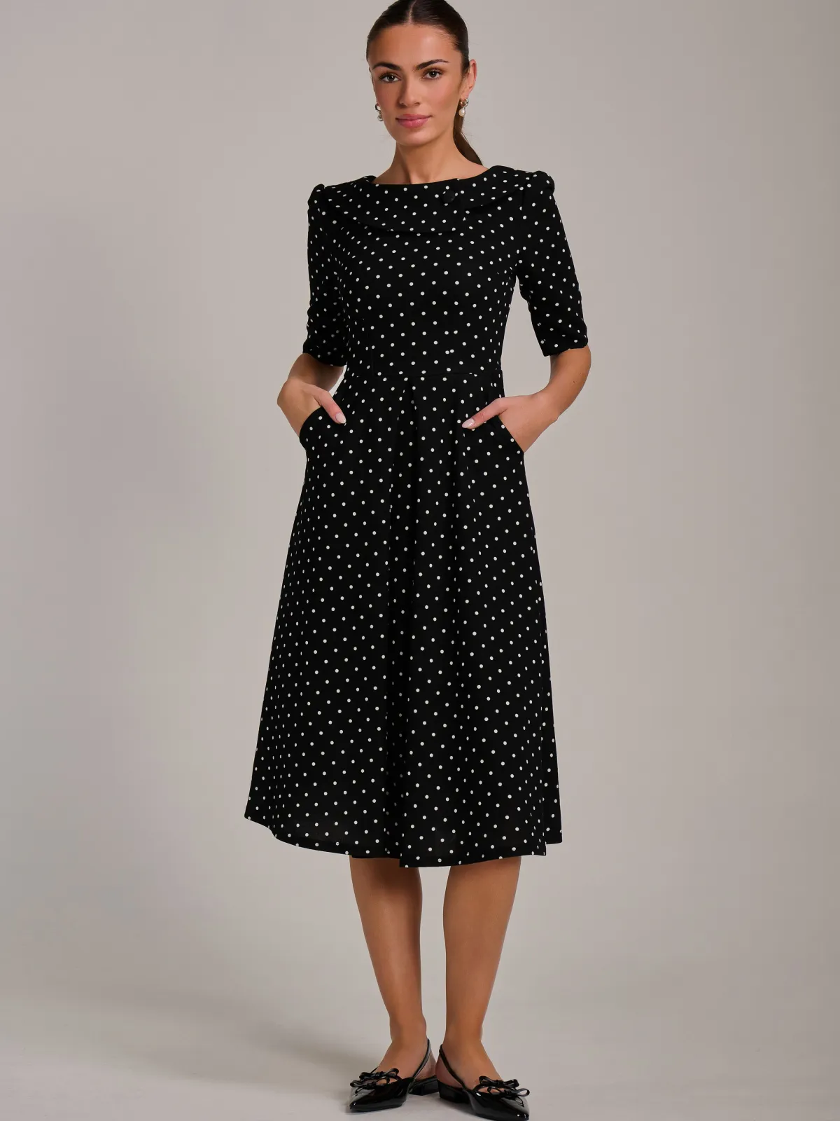Jolie Moi Occasion Dresses|Party Dresses-Printed Scuba Fold Collar Midi Dress, Black Polka Dot