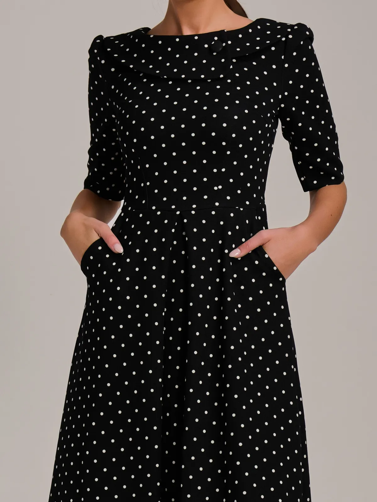 Jolie Moi Occasion Dresses|Party Dresses-Printed Scuba Fold Collar Midi Dress, Black Polka Dot