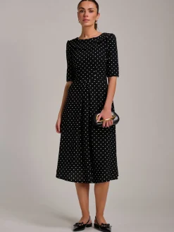 Jolie Moi Occasion Dresses|Party Dresses-Printed Scuba Fold Collar Midi Dress, Black Polka Dot