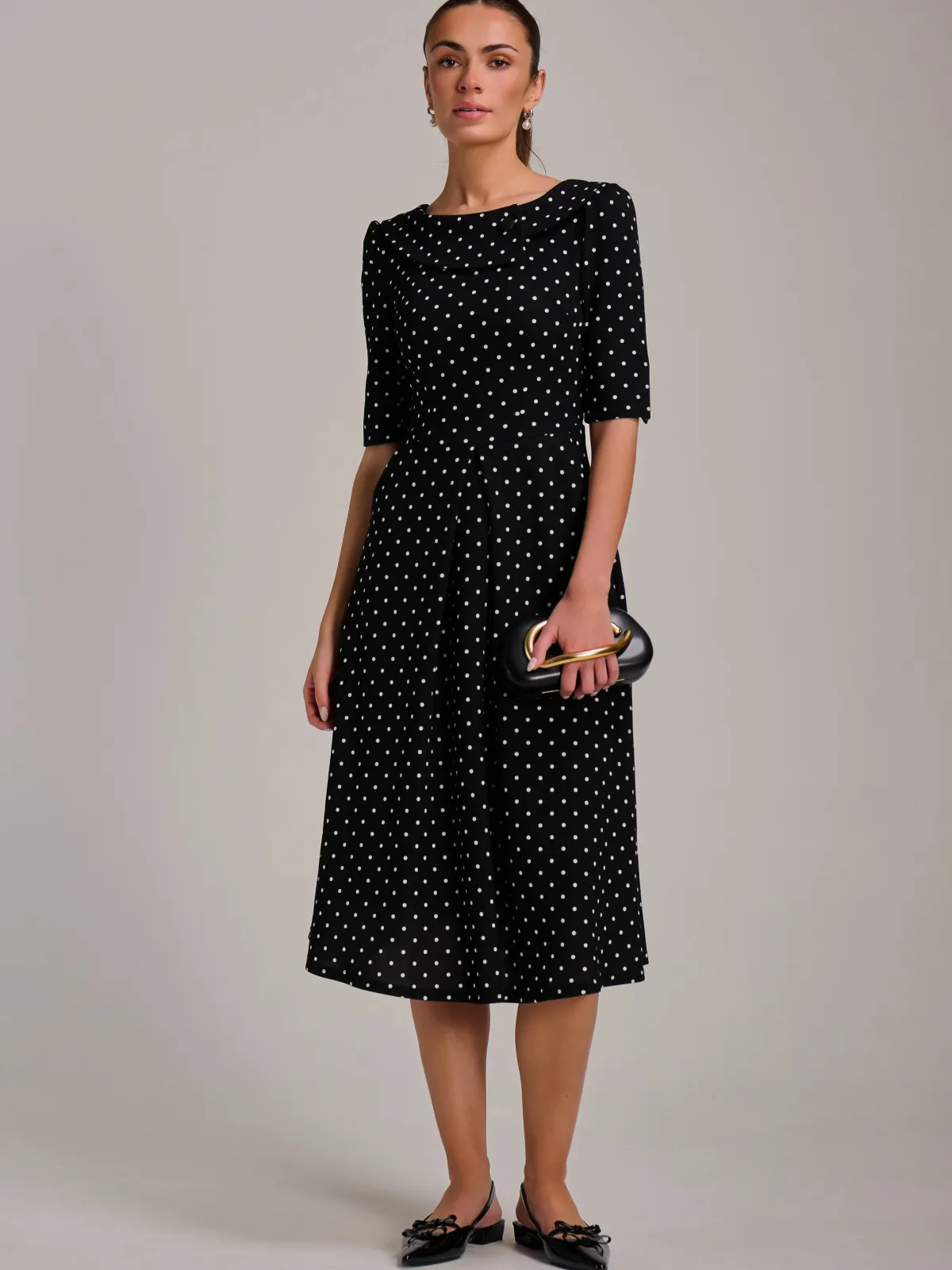 Jolie Moi Occasion Dresses|Party Dresses-Printed Scuba Fold Collar Midi Dress, Black Polka Dot