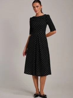 Jolie Moi Occasion Dresses|Party Dresses-Printed Scuba Fold Collar Midi Dress, Black Polka Dot