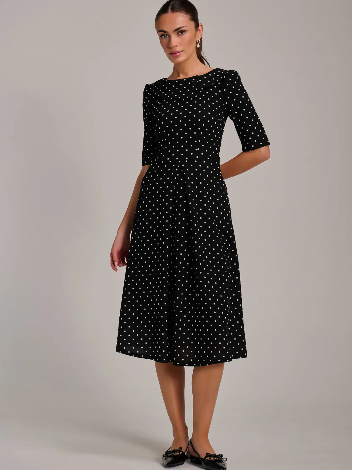 Jolie Moi Occasion Dresses|Party Dresses-Printed Scuba Fold Collar Midi Dress, Black Polka Dot