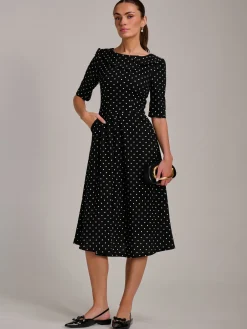 Jolie Moi Occasion Dresses|Party Dresses-Printed Scuba Fold Collar Midi Dress, Black Polka Dot