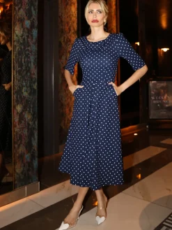 Jolie Moi Occasion Dresses|Office Dresses-Printed Scuba Fold Collar Midi Dress, Navy Polka Dot