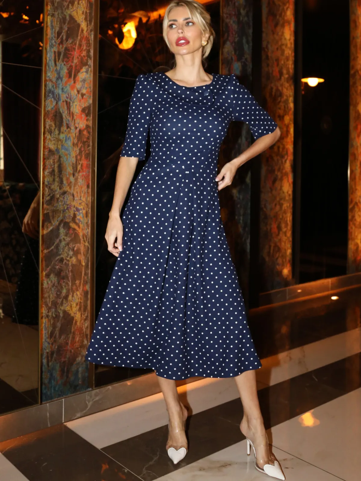 Jolie Moi Occasion Dresses|Office Dresses-Printed Scuba Fold Collar Midi Dress, Navy Polka Dot