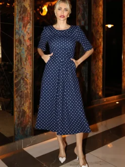 Jolie Moi Occasion Dresses|Office Dresses-Printed Scuba Fold Collar Midi Dress, Navy Polka Dot