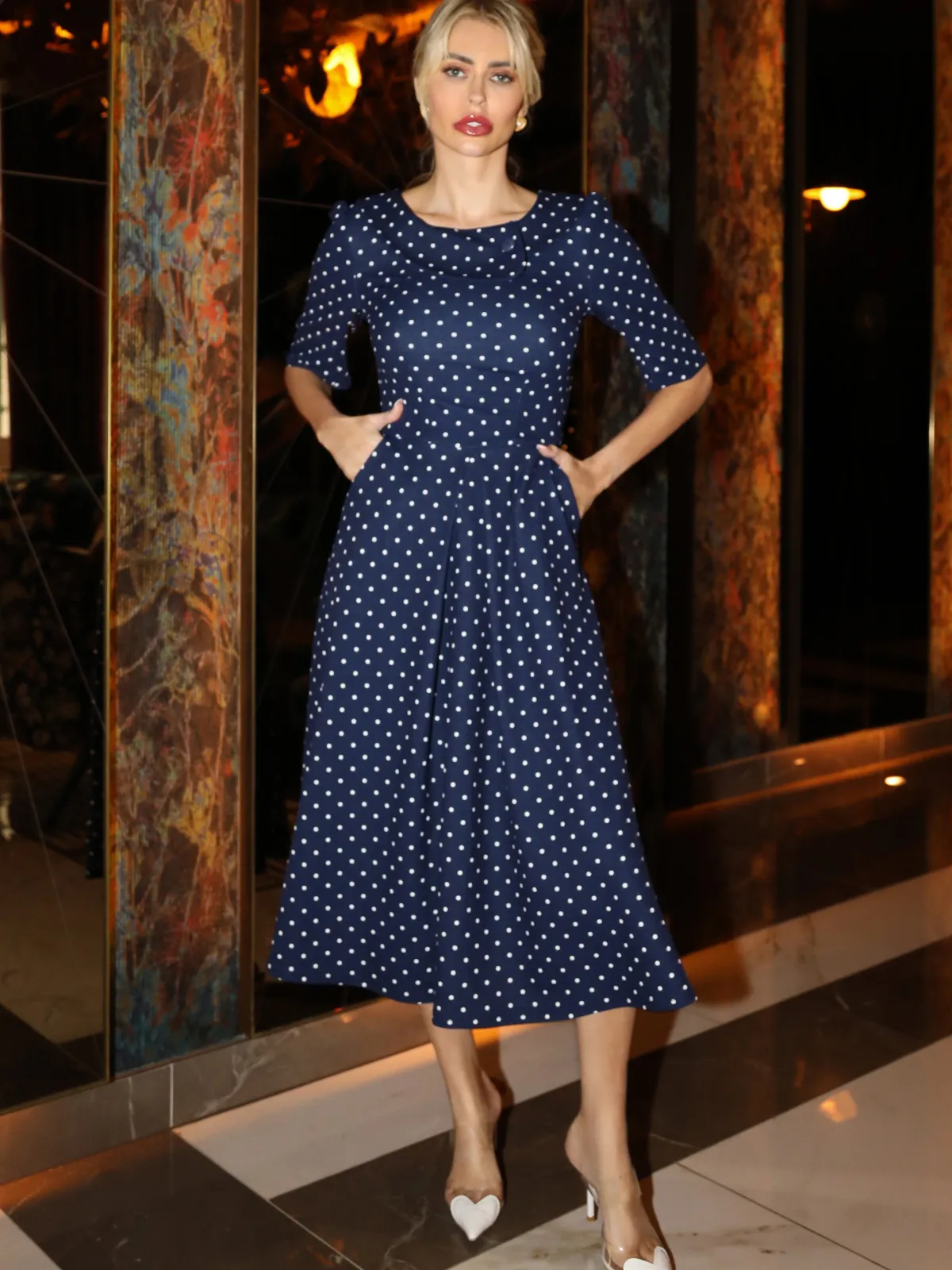 Jolie Moi Occasion Dresses|Office Dresses-Printed Scuba Fold Collar Midi Dress, Navy Polka Dot