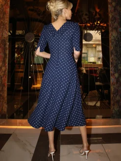 Jolie Moi Occasion Dresses|Office Dresses-Printed Scuba Fold Collar Midi Dress, Navy Polka Dot