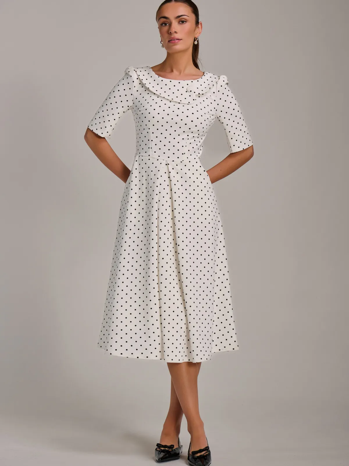 Jolie Moi Occasion Dresses|Party Dresses-Printed Scuba Fold Collar Midi Dress, White Polka Dot