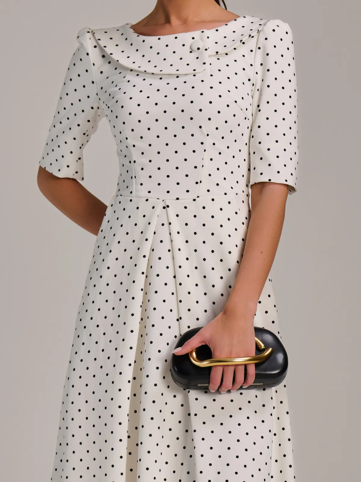 Jolie Moi Occasion Dresses|Party Dresses-Printed Scuba Fold Collar Midi Dress, White Polka Dot