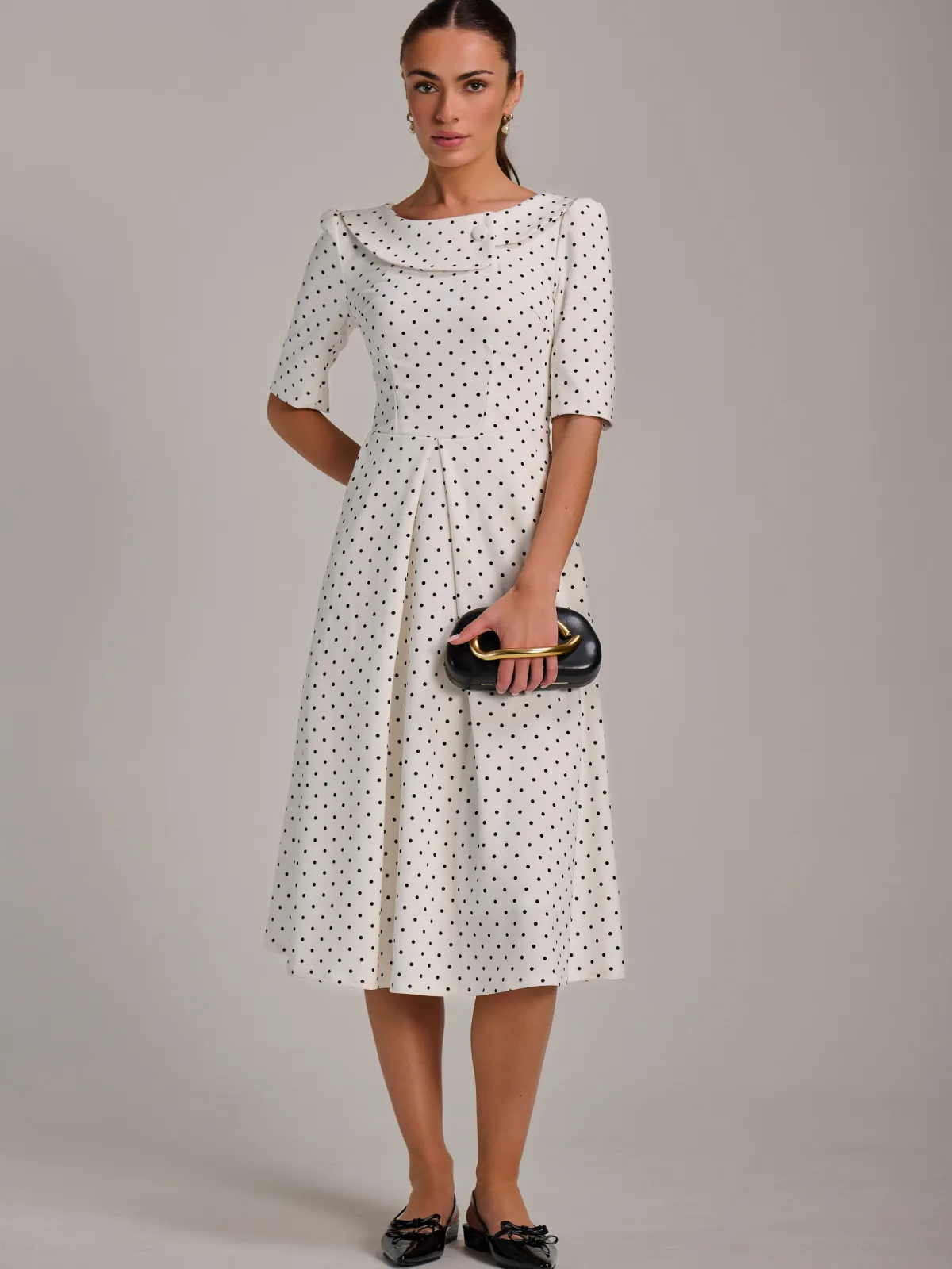 Jolie Moi Occasion Dresses|Party Dresses-Printed Scuba Fold Collar Midi Dress, White Polka Dot
