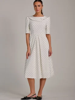 Jolie Moi Occasion Dresses|Party Dresses-Printed Scuba Fold Collar Midi Dress, White Polka Dot