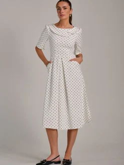 Jolie Moi Occasion Dresses|Party Dresses-Printed Scuba Fold Collar Midi Dress, White Polka Dot