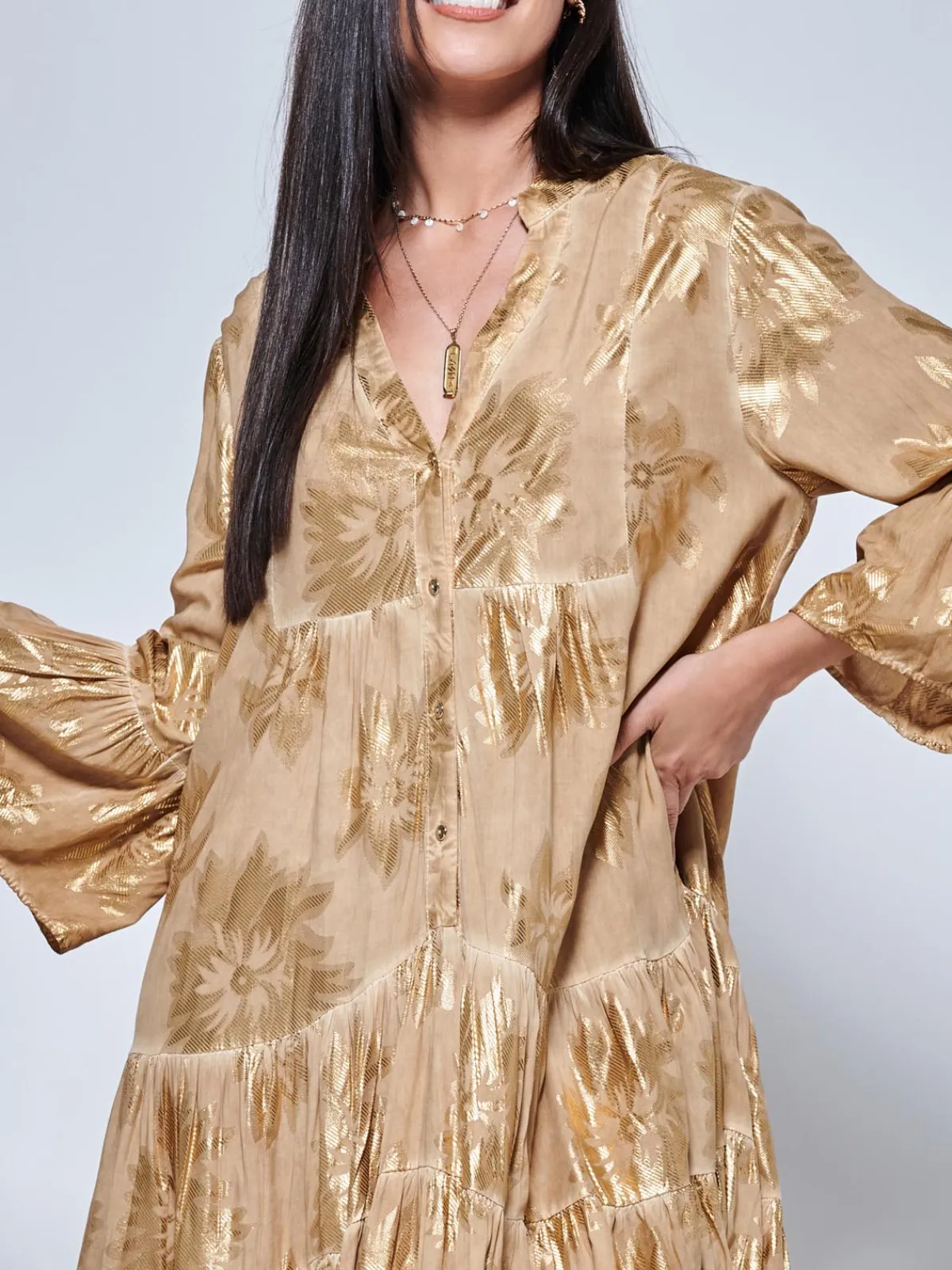 Jolie Moi Occasion Dresses|Weekend Casuals-Printed Tiered He Hoiday idi Dre, Khaki Pattern