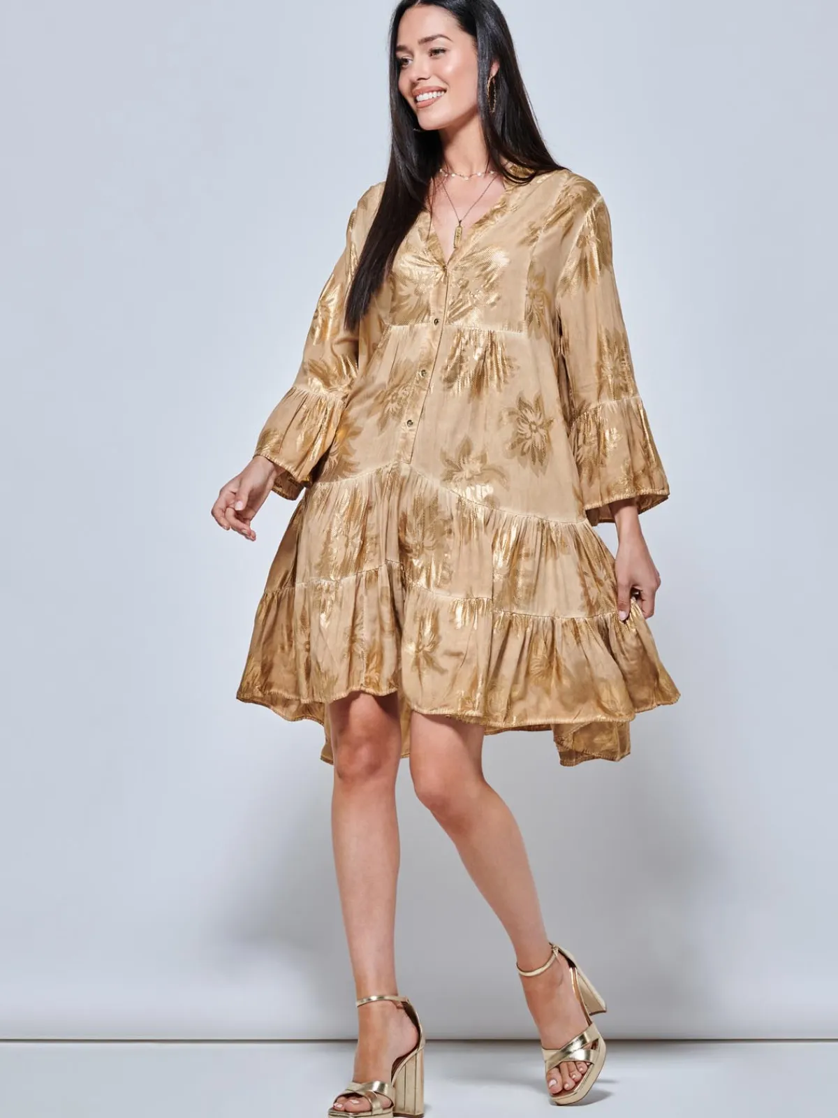 Jolie Moi Occasion Dresses|Weekend Casuals-Printed Tiered He Hoiday idi Dre, Khaki Pattern