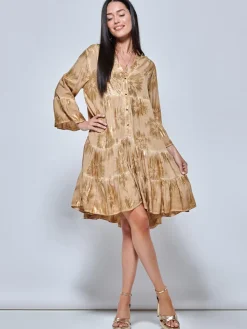 Jolie Moi Occasion Dresses|Weekend Casuals-Printed Tiered He Hoiday idi Dre, Khaki Pattern