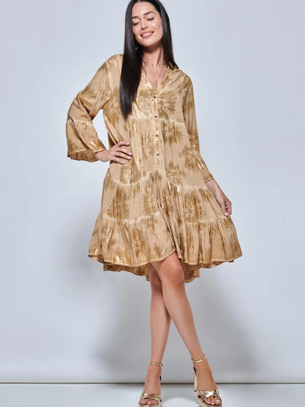 Jolie Moi Occasion Dresses|Weekend Casuals-Printed Tiered He Hoiday idi Dre, Khaki Pattern