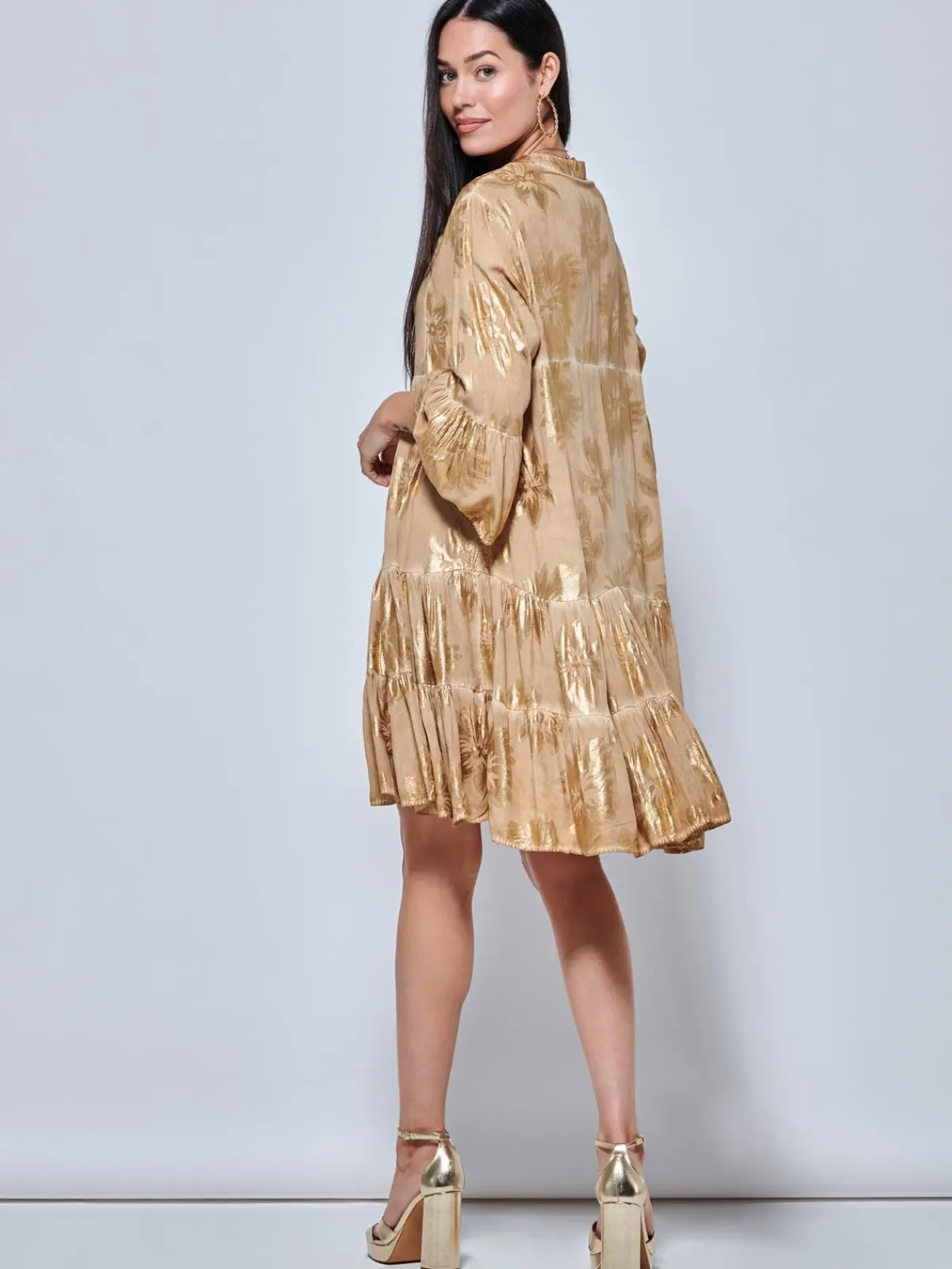 Jolie Moi Occasion Dresses|Weekend Casuals-Printed Tiered He Hoiday idi Dre, Khaki Pattern
