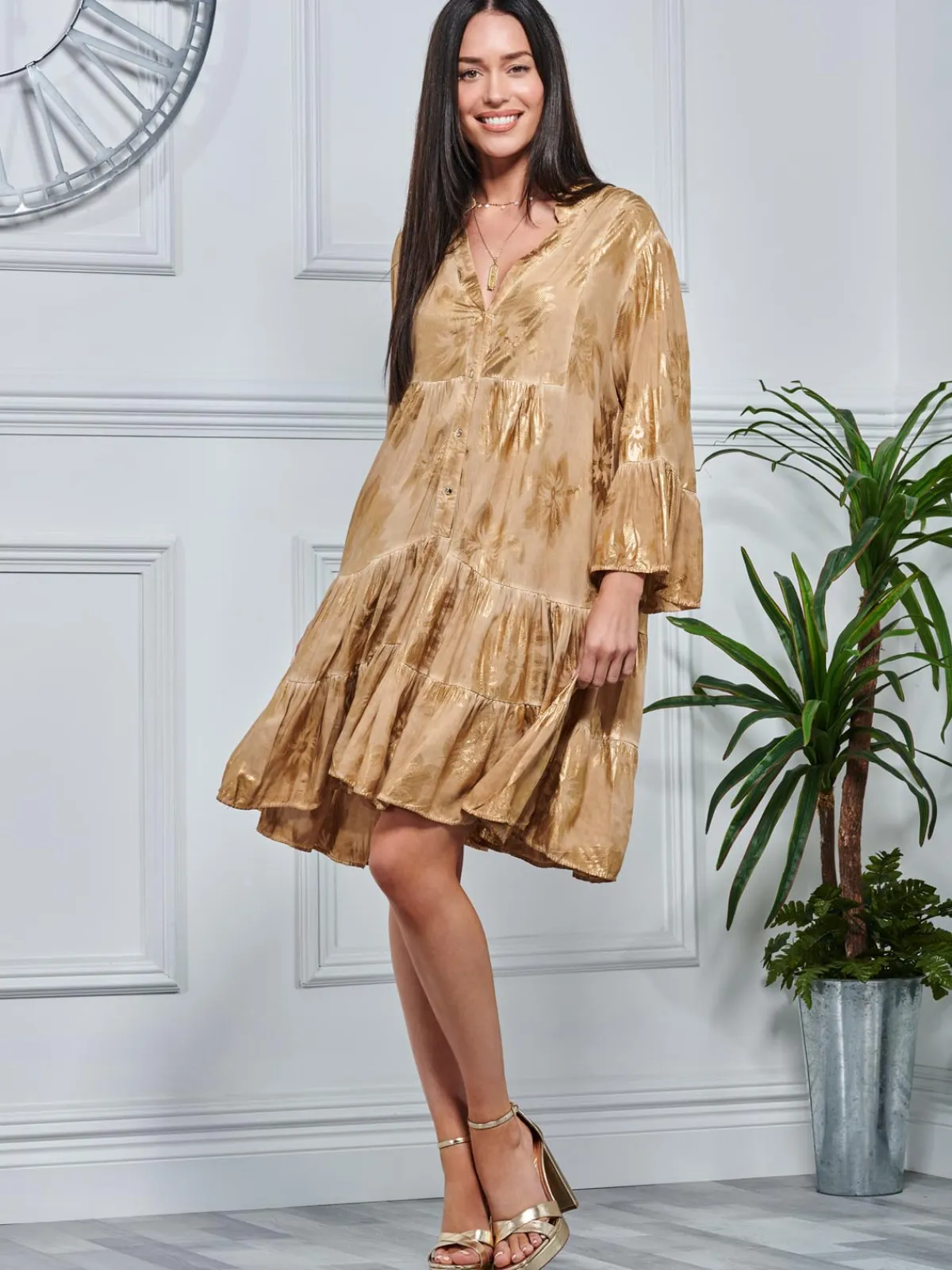 Jolie Moi Occasion Dresses|Weekend Casuals-Printed Tiered He Hoiday idi Dre, Khaki Pattern