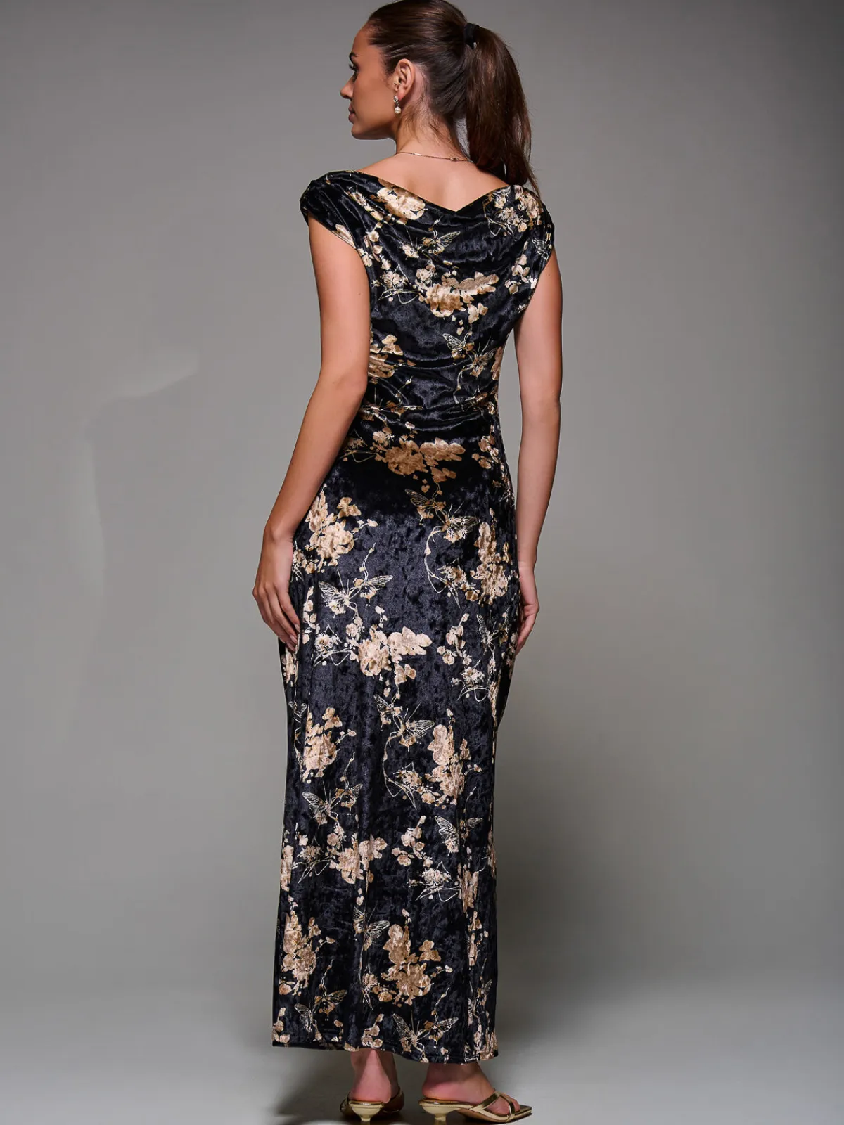 Jolie Moi Occasion Dresses|Floral Dresses-Printed Velvet Draped Maxi Dress, Black Floral