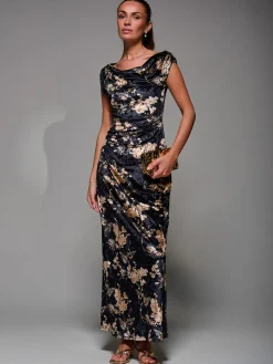 Jolie Moi Occasion Dresses|Floral Dresses-Printed Velvet Draped Maxi Dress, Black Floral