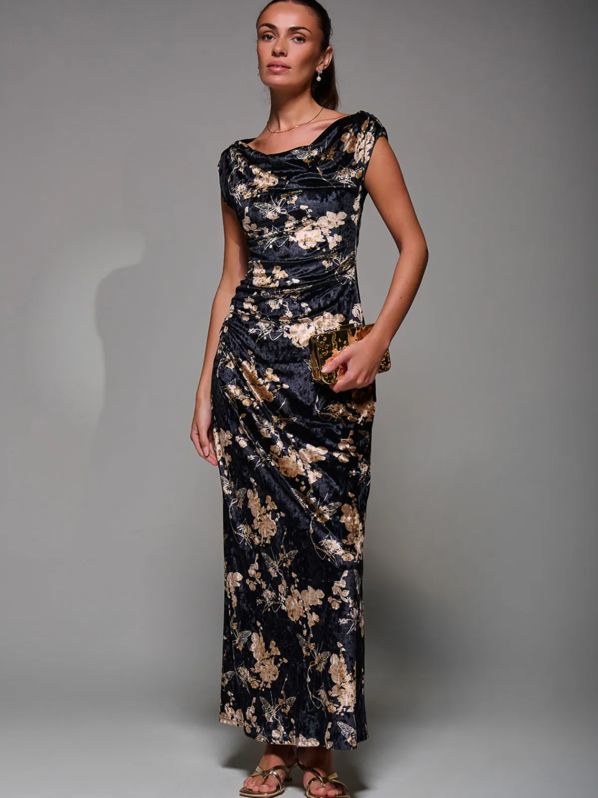 Jolie Moi Occasion Dresses|Floral Dresses-Printed Velvet Draped Maxi Dress, Black Floral